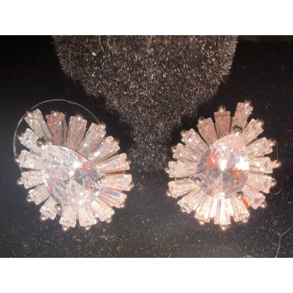 Vintage Pear Cubic Zirconia Ballerina Stud Earrings Tapered Baguette Sunburst